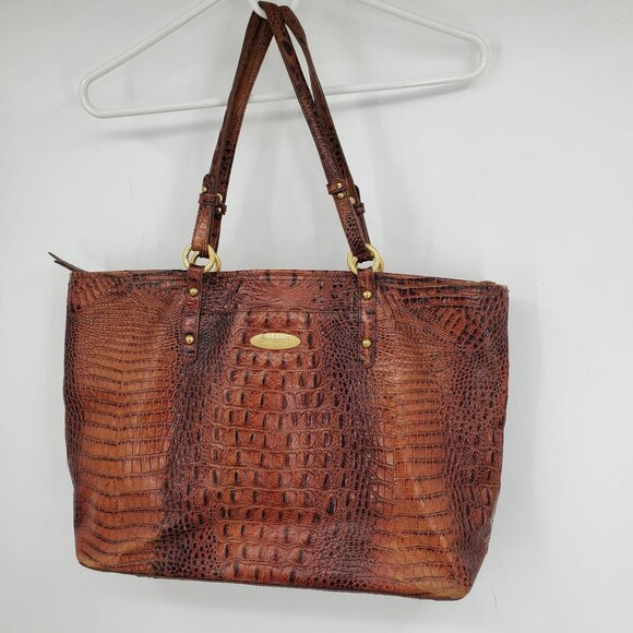 Brahmin Crocodile Alligator Embossed Brown Orange Shoulder Strap Handbag Purse - Picture 1 of 16